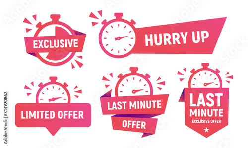 Limited Offer banners, stickers and posters set. Last minute offer sticker and banners template for social media, web design. Trendy modern design with stopwatch and clock icons. Vector illustration