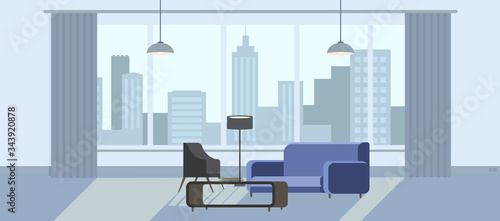 Office room interior background. Waiting room with chair, sofa and cityscape view on background. Reception concept in modern flat style. Vector illustrtion