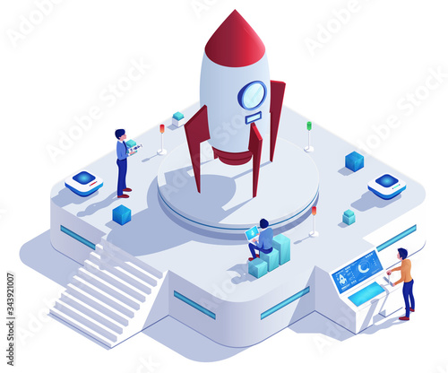 Start new business, launching rocket by people characters concept and vector illustration on white background. Male and female characters, business startup and work analysis. Isometric 3d style.