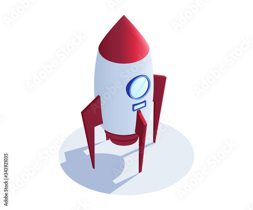 Startup launching process, business technology, online deal and rocket spaceship concept and vector illustration on white background. Work, idea analysis, industry buy. Isometric 3d style.