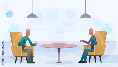 Psychotherapy session concept. Psychologist and patient in therapy session. Psychoanalysis concept. People speaking together in office. Modern flat design. Vector illustration