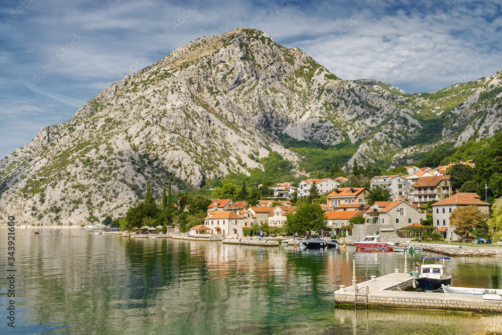 Sunny view of beautiful village Orahovac on Kotor Bay, Montenegro.