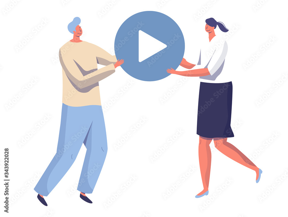 Man and woman hold play sing concept and vector illustration on white background. Embed the player in internet page by characters male and female design web site. Flat style. Man and woman hold play sing concept and vector illustration on white background. Embed the player in internet page by characters male and female design web site. Flat style.