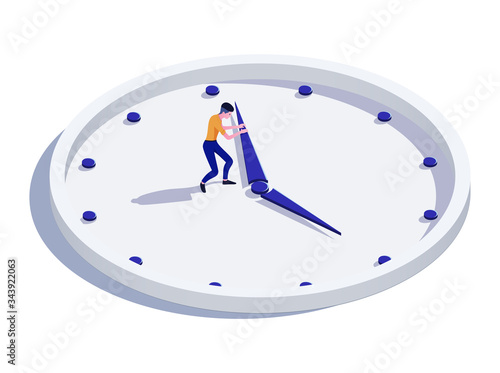 Office worker on large dial  time management concept and vector illustration on white background. Male or female characters  time research and work analysis. Isometric 3d style.