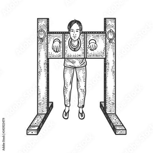 man in the stocks torture sketch engraving vector illustration. T-shirt apparel print design. Scratch board imitation. Black and white hand drawn image.