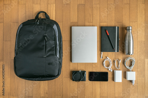 Teleworking backpack. Top view of a rucksack and all the equipment for telecommuting