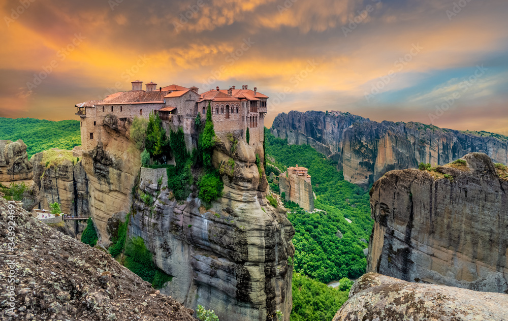 Scenic view of a religious monastery on the mountain in Meteora village of Greece