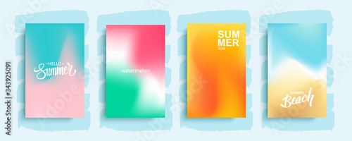 Summer season blurred backgrounds set with abstract soft color gradient patterns. Summertime collection for brochures, posters, banners, flyers and cards. Vector illustration.