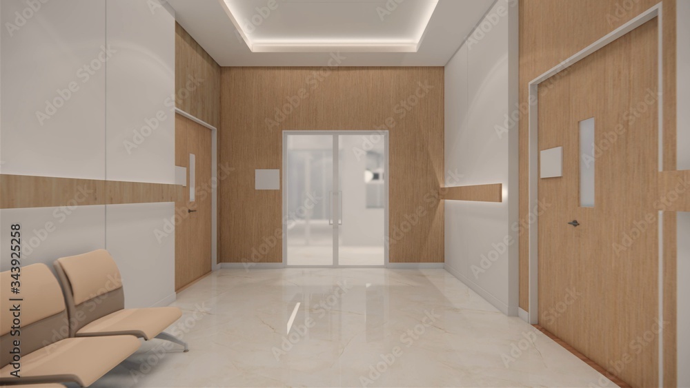 3d rendering. Interior hospital modern design . Counter and Waiting area Empty Reception Medical practice concept.4k 3d rendering. Interior hospital modern design . Counter and Waiting area Empty Reception Medical practice concept.4k