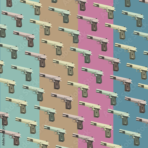 Seamless colorful and retro handgun pattern in 4 background-color for various in-case using.	
