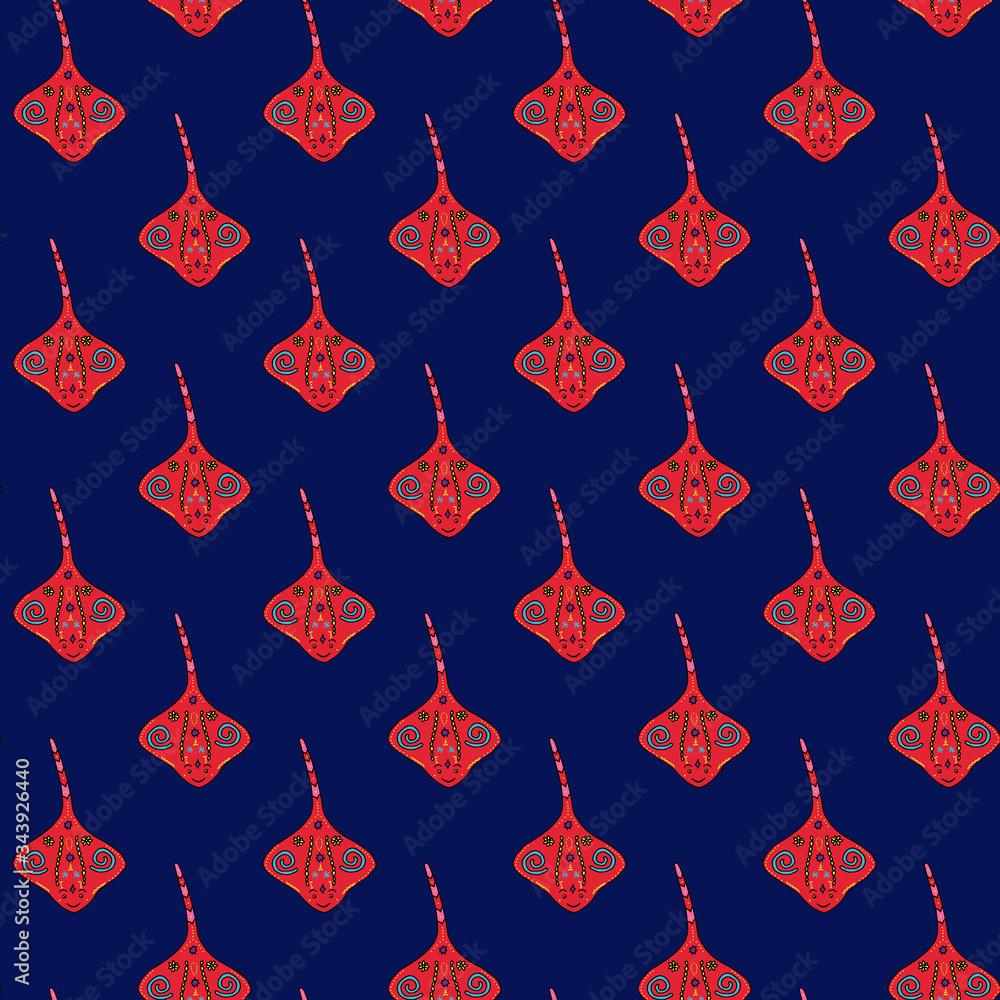 Seamless pattern with cute skate fishes. Vector hand-drawn illustration. Bright ornamental fish in doodle style. Sea aquatic life. Background for textile, paper, baby and kid clothes, wallpaper Seamless pattern with cute skate fishes. Vector hand-drawn illustration. Bright ornamental fish in doodle style. Sea aquatic life. Background for textile, paper, baby and kid clothes, wallpaper