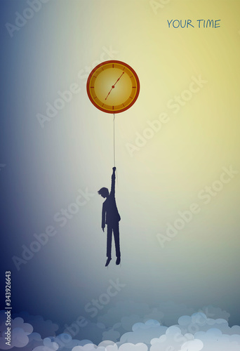 concept of your time, man silhouette holds the clock like sun on the heavens sky, dreaming time, dreamland clock, shadow story