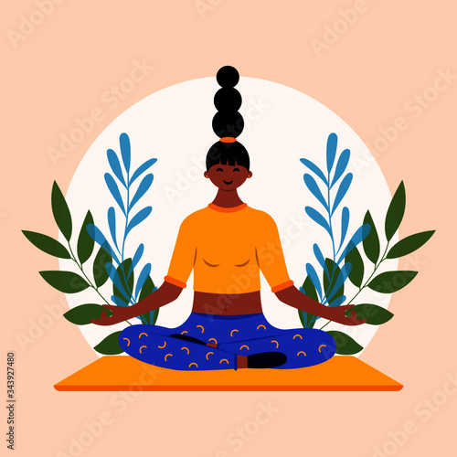 Happy girl pose yoga. Female doing yoga exersice, sport activity concept, flat design template of woman do workout with leaves. Isolated vector illustration