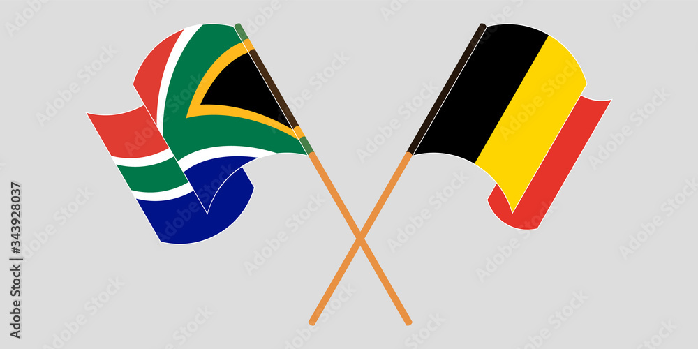 Crossed and waving flags of RSA and Belgium