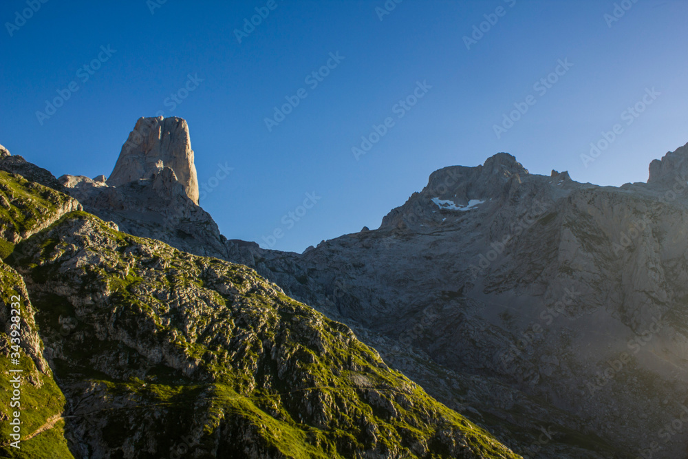 A beautiful view of the Picos de Europa in Spain with the Urriellu peak, the most famous mountain in Spain