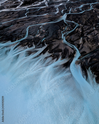 Aerial view of blue textured braided Glaciel Rivers, Lake Pukaki, South Island, New Zealand