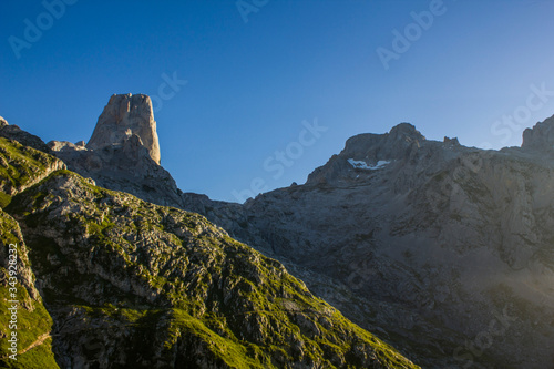 A beautiful view of the Picos de Europa in Spain with the Urriellu peak, the most famous mountain in Spain