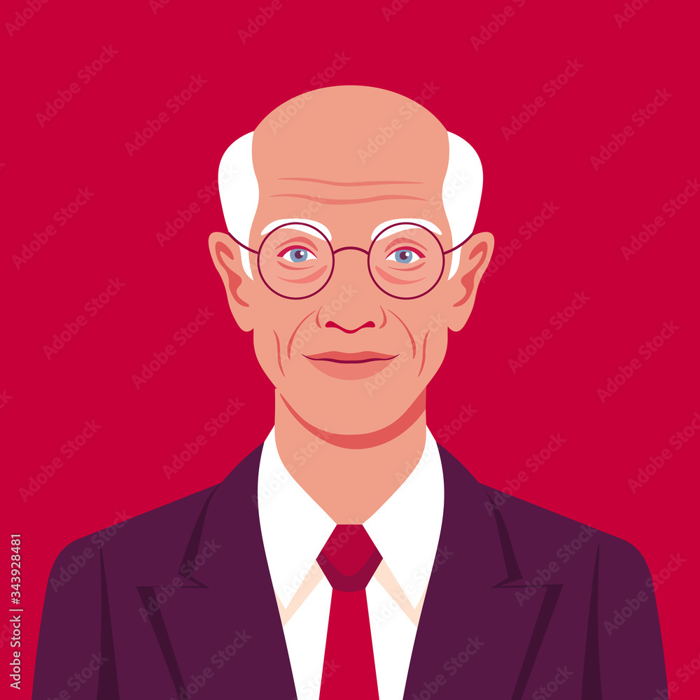 Portrait of an old businessman in a suit with a tie. Avatar of a man. Vector illustration in flat style