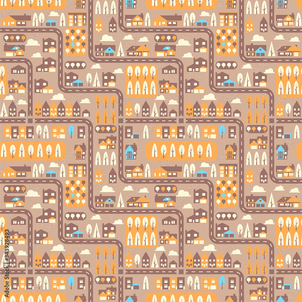 City seamless pattern top view flat design. Suburban houses and roads seamless pattern or background. Vector Illustration