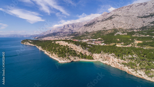Aerial view of famous Nugal beach near the city of Makarska in Dalmatia, Croatia., which was proclaimed as one of the most beautiful beaches in Croatia.
