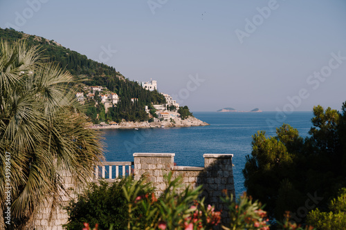 Dubrovnik coast. View from a villa by sea, shore and islands in the Adriatic Sea, through palm trees and flowers