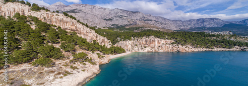 Panoramic aerial view of famous Nugal beach near the city of Makarska in Dalmatia, Croatia., which was proclaimed as one of the most beautiful beaches in Croatia.