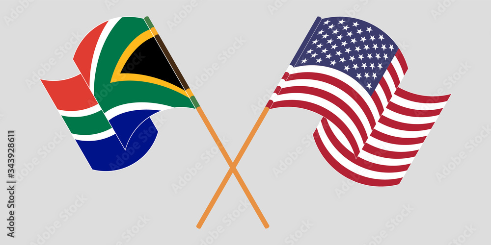 Crossed and waving flags of South Africa and the USA Crossed and waving flags of South Africa and the USA
