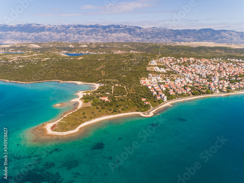 Aerial view of Novalja coastal line during the summer, island Pag, Croatia.