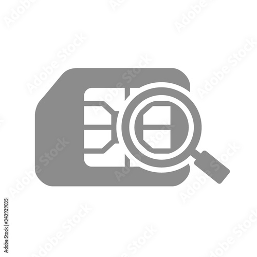 SIM card under magnifying glass flat gray icon. Mobile slot, phone card symbol