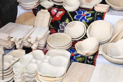 Traditional Romanian carved wood dishware at Horezu