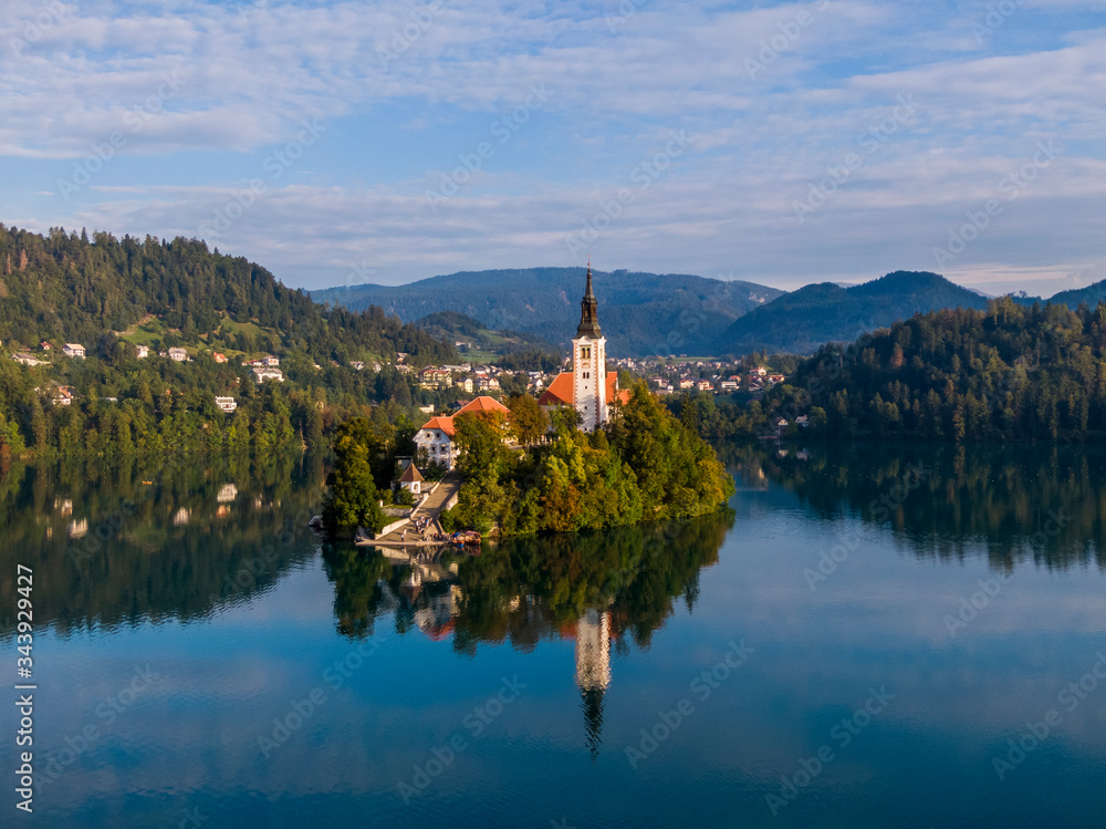 Aerial view of the Bled island in the morning