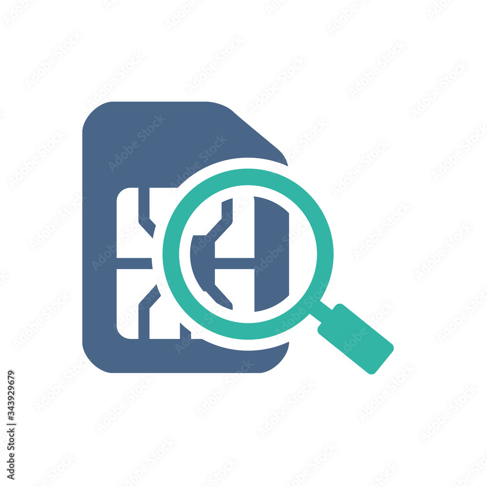 SIM card under magnifying glass flat icon. Mobile slot, phone card symbol