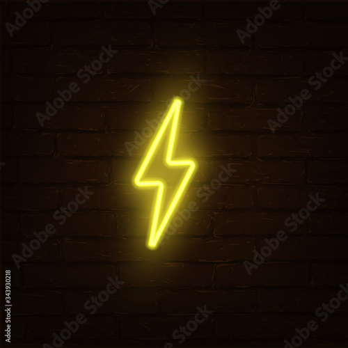 Lightning bolt yellow neon sign isolated on brick wall background. Vector illustranion.