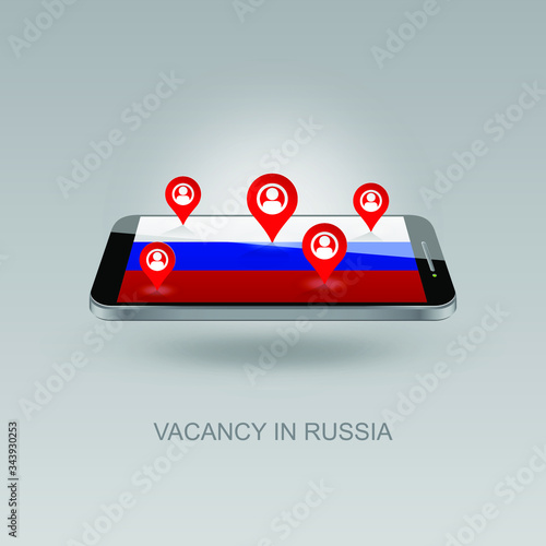 3d image of a phone on a gray background. Job search and vacancies in Russia. Design for banners, posters, web sites, advertising. Vector illustration, isolated object.
