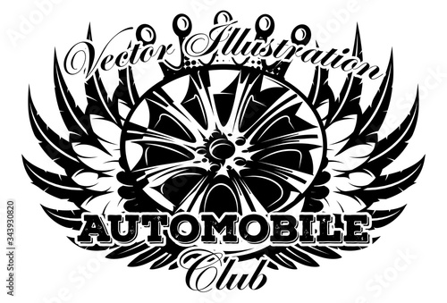 Vector monochrome illustration with wheel car drive