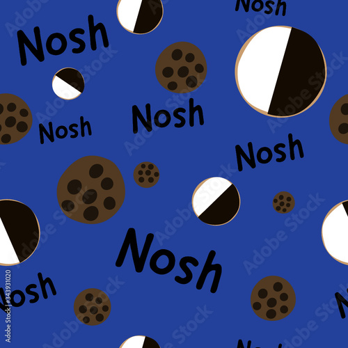 Nosh vector illustration of chocolate chip cookies, black and white or half moon cookies and the word nosh.