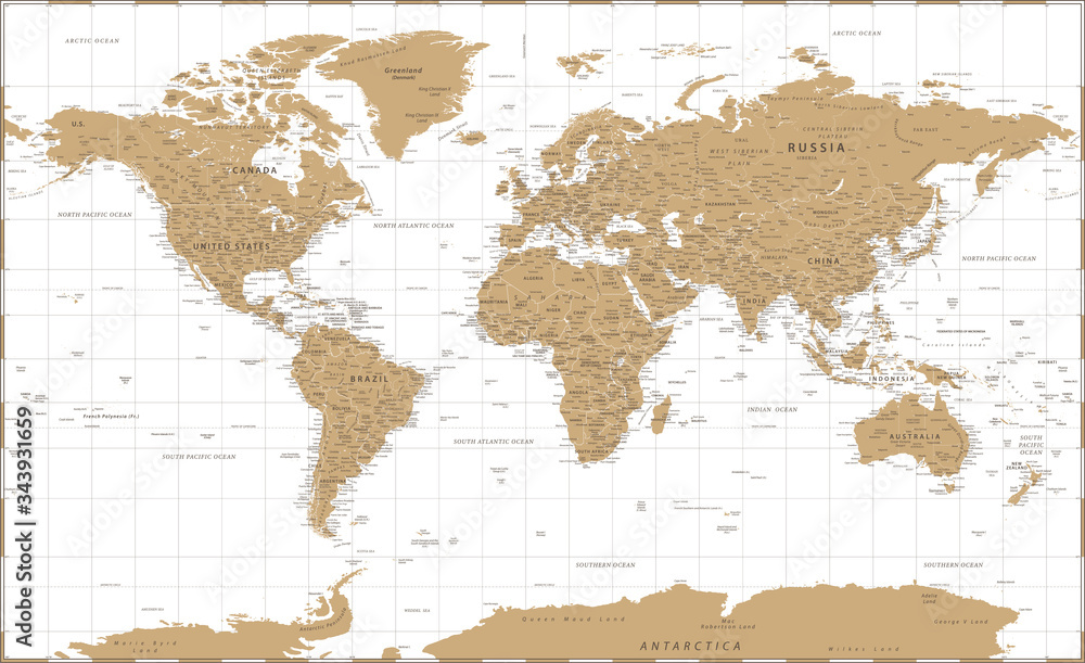 Naklejka Mapa świata - Vintage złoty polityczny - szczegółowa ilustracja wektorowa