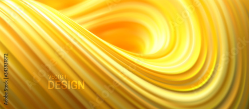 Yellow striped wave. Liquid flowing shape. Vector 3d illustration. Abstract colorful background. Vibrant gradient stream. Fluid paint wallpaper. Modern cover design
