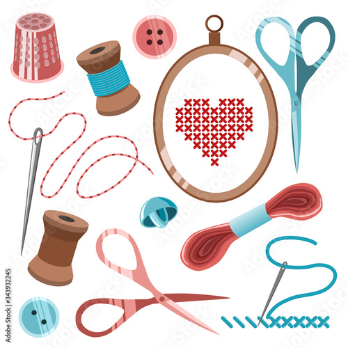 Vector illustration with cross stitching and sewing tools, threads, scissors, needles, thimble