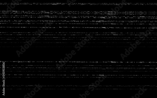 Glitch VHS template. Old video effect on black backdrop. Horizontal random white lines. Retro tape texture with distorted elements. Analog videotape. Vector illustration