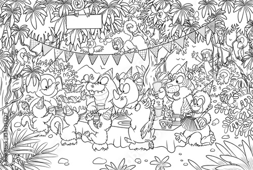 Tierische Freunde feiern Geburtstag im Dschungel - Vektor-Illustration