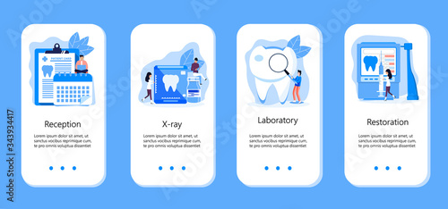 Tiny dentists make x-ray scan of teeth. Whiten enamel or recovery implant concept. Professionals treat illness tooth. Dental services vector concept for app