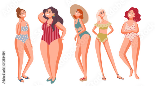 Women of different weigh, figure type and size dressed in swimsuits standing in row. Female cartoon characters. Body positive movement and beauty diversity. Vector illustration.
