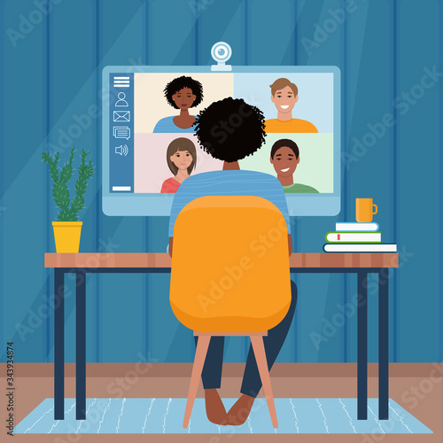 Video conference with people group. Computer screen. Woman in video conference with colleagues. Home work concept. Friends talking on video. Vector illustration in flat style
