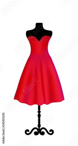 Red elegant dress on mannequin, vector