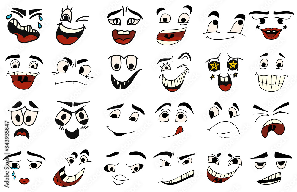 Cartoon faces. Kawaii cute faces. Expressive eyes and mouth, smiling ...