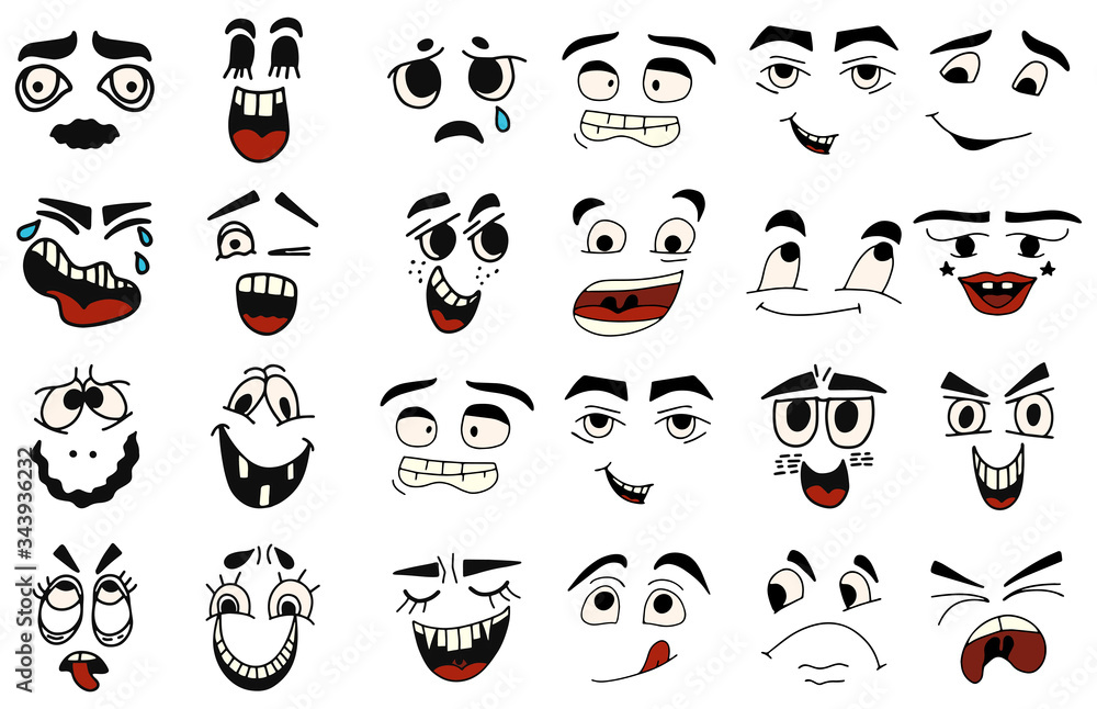 Cartoon faces. Kawaii cute faces. Expressive eyes and mouth, smiling, crying and surprised character face expressions. Caricature comic emotions or emoticon. Isolated vector illustration icons set. Cartoon faces. Kawaii cute faces. Expressive eyes and mouth, smiling, crying and surprised character face expressions. Caricature comic emotions or emoticon. Isolated vector illustration icons set.