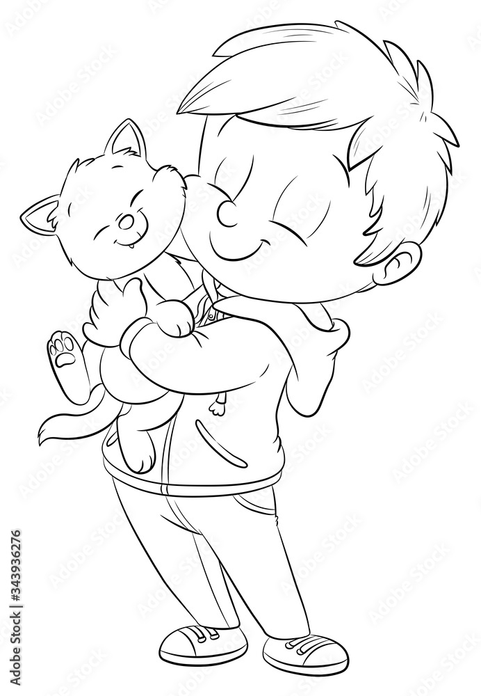 Niedlicher Junge mit Katze - Vektor-Illustration Niedlicher Junge mit Katze - Vektor-Illustration