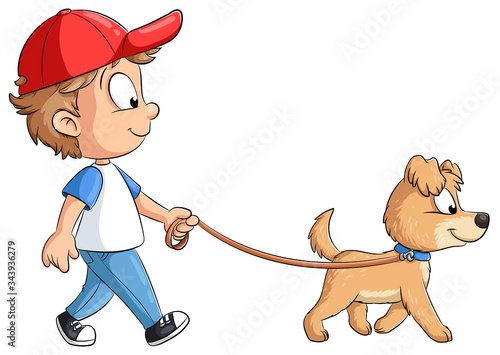 Junge geht mit Hund spazieren - Vektor-Illustration