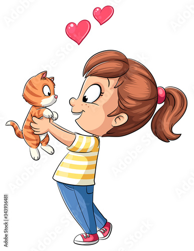 Niedliches Mädchen mit Katze - Vektor-Illustration
